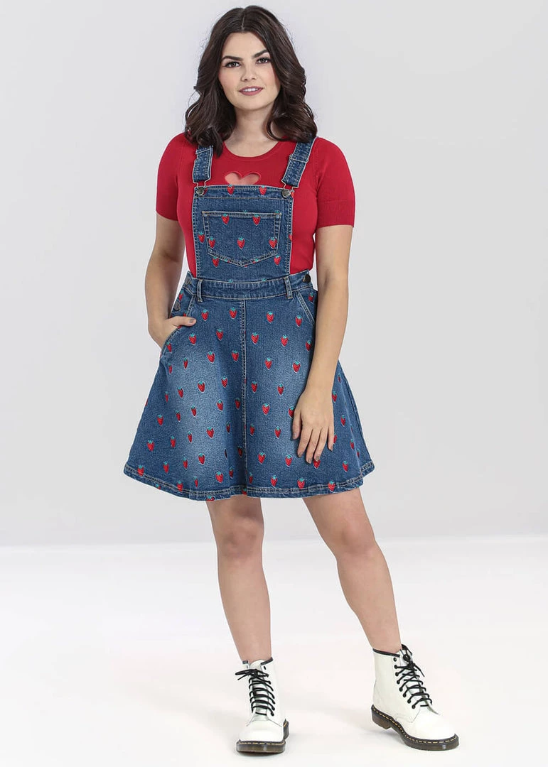 Hell Bunny Strawberry Denim 50's Pinafore Dress Blue New In