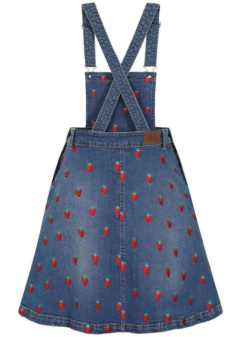 Hell Bunny Strawberry Denim 50's Pinafore Dress Blue New In