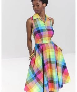 New In Hell Bunny Lucia Rainbow 50's Swing Dress Multi