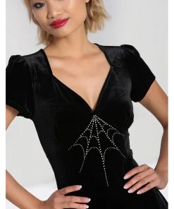 Hell Bunny Morticia Spiderweb Velvet 40's Dress Black
