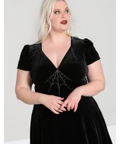 Hell Bunny Morticia Spiderweb Velvet 40's Dress Black
