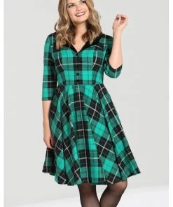 New In Hell Bunny Beryl Tartan 50's Swing Mid Dress Green