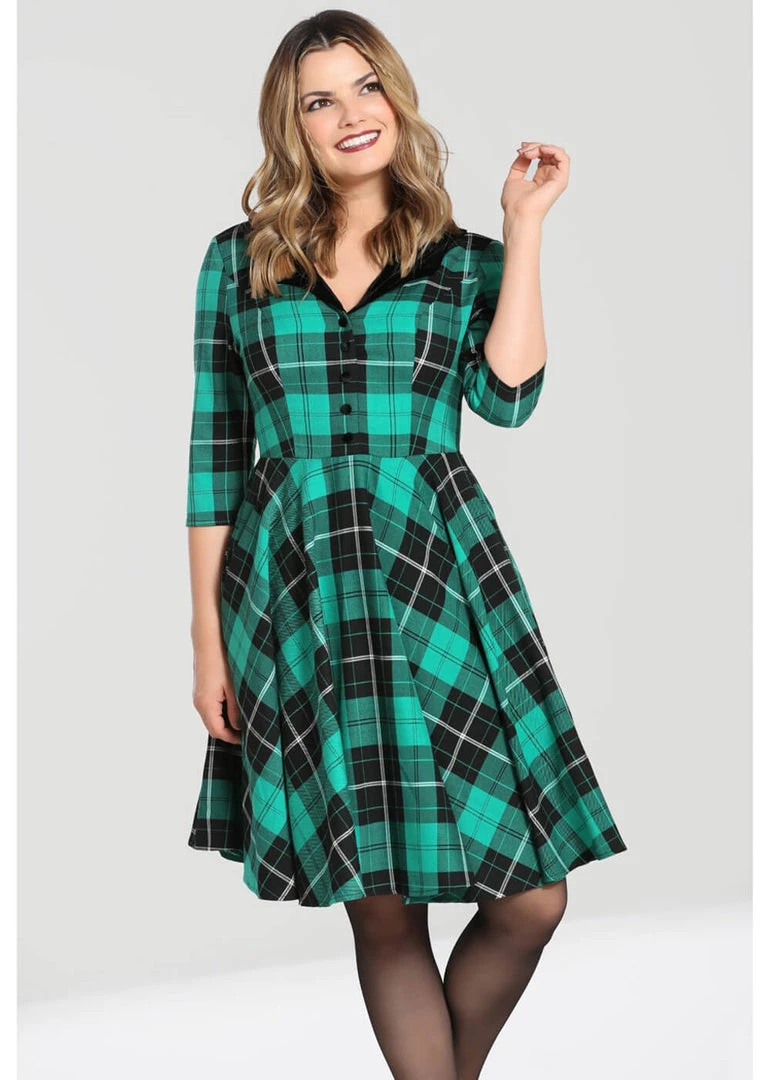 New In Hell Bunny Beryl Tartan 50's Swing Mid Dress Green