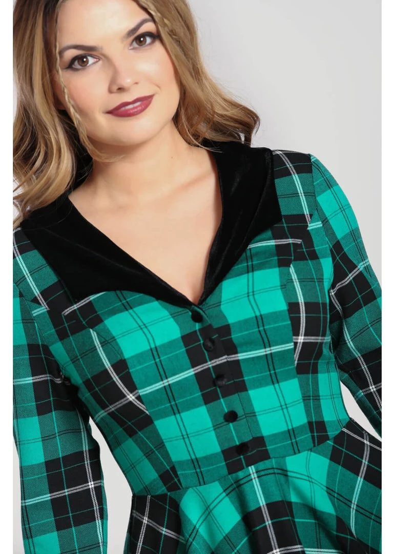 New In Hell Bunny Beryl Tartan 50's Swing Mid Dress Green