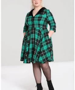 New In Hell Bunny Beryl Tartan 50's Swing Mid Dress Green