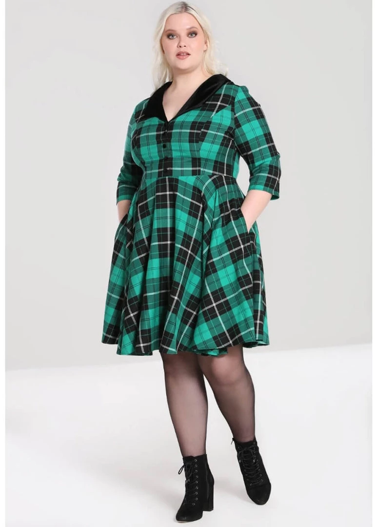 New In Hell Bunny Beryl Tartan 50's Swing Mid Dress Green