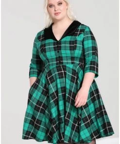 New In Hell Bunny Beryl Tartan 50's Swing Mid Dress Green