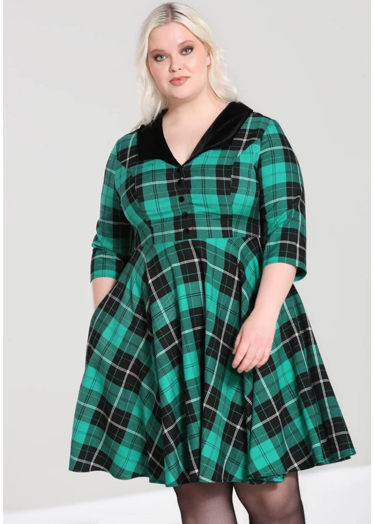 New In Hell Bunny Beryl Tartan 50's Swing Mid Dress Green