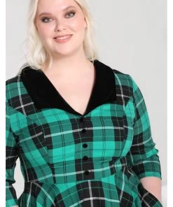 New In Hell Bunny Beryl Tartan 50's Swing Mid Dress Green