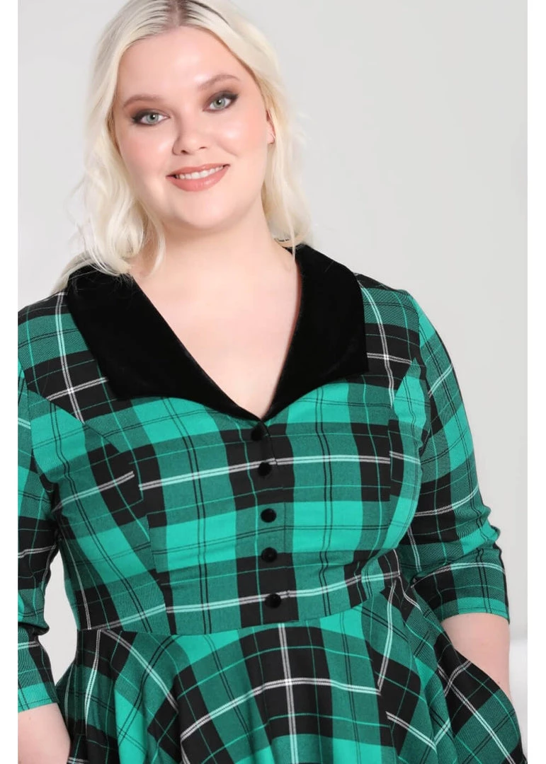 New In Hell Bunny Beryl Tartan 50's Swing Mid Dress Green