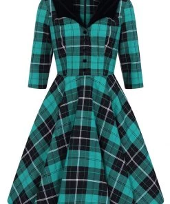 New In Hell Bunny Beryl Tartan 50's Swing Mid Dress Green