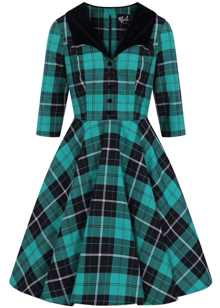 New In Hell Bunny Beryl Tartan 50's Swing Mid Dress Green