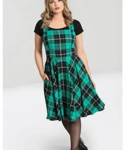 Hell Bunny Beryl Tartan 40's Pinafore Swing Dress Green