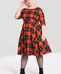 Hell Bunny Clementine Tartan 50's Swing Dress Orange New In