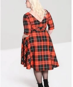 Hell Bunny Clementine Tartan 50's Swing Dress Orange New In