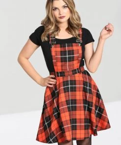 Hell Bunny Clementine Tartan 40's Pinafore Swing Dress Orange