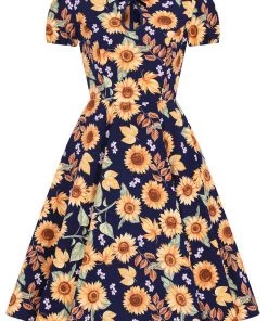 New In Hell Bunny Sunflower 40's Swing Dress Blue