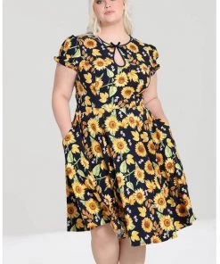New In Hell Bunny Sunflower 40's Swing Dress Blue