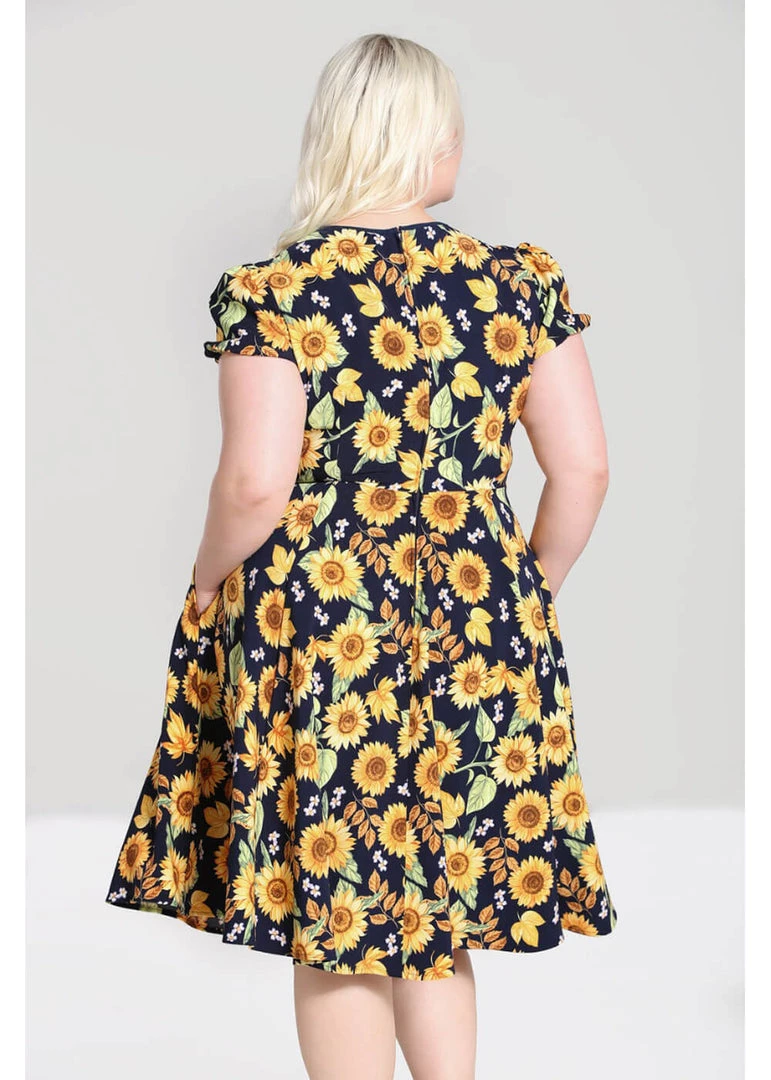 New In Hell Bunny Sunflower 40's Swing Dress Blue