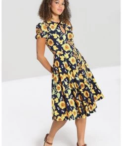 New In Hell Bunny Sunflower 40's Swing Dress Blue