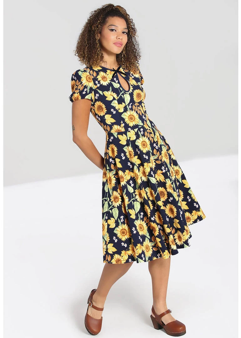 New In Hell Bunny Sunflower 40's Swing Dress Blue