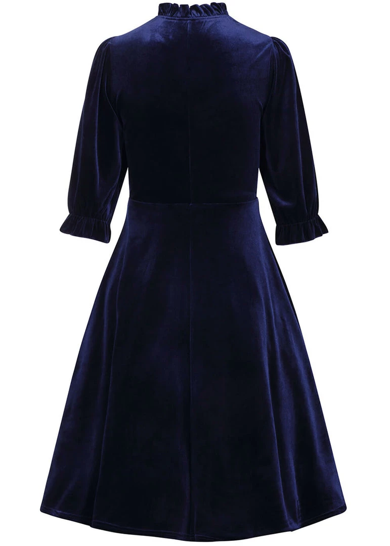 Hell Bunny Orion Velvet 40's Mid Dress Navy Blue