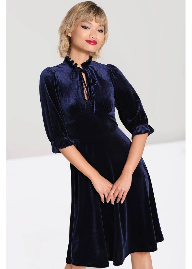 Hell Bunny Orion Velvet 40's Mid Dress Navy Blue