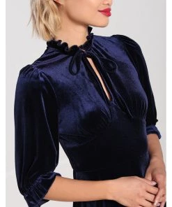 Hell Bunny Orion Velvet 40's Mid Dress Navy Blue