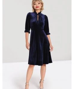 Hell Bunny Orion Velvet 40's Mid Dress Navy Blue