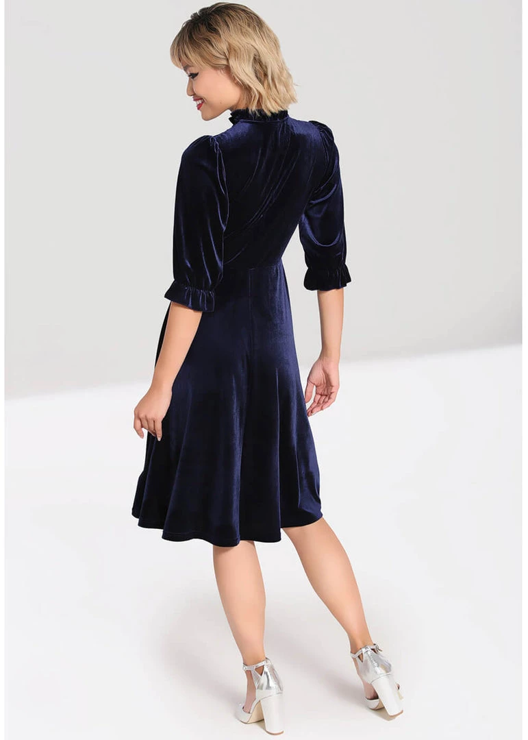 Hell Bunny Orion Velvet 40's Mid Dress Navy Blue