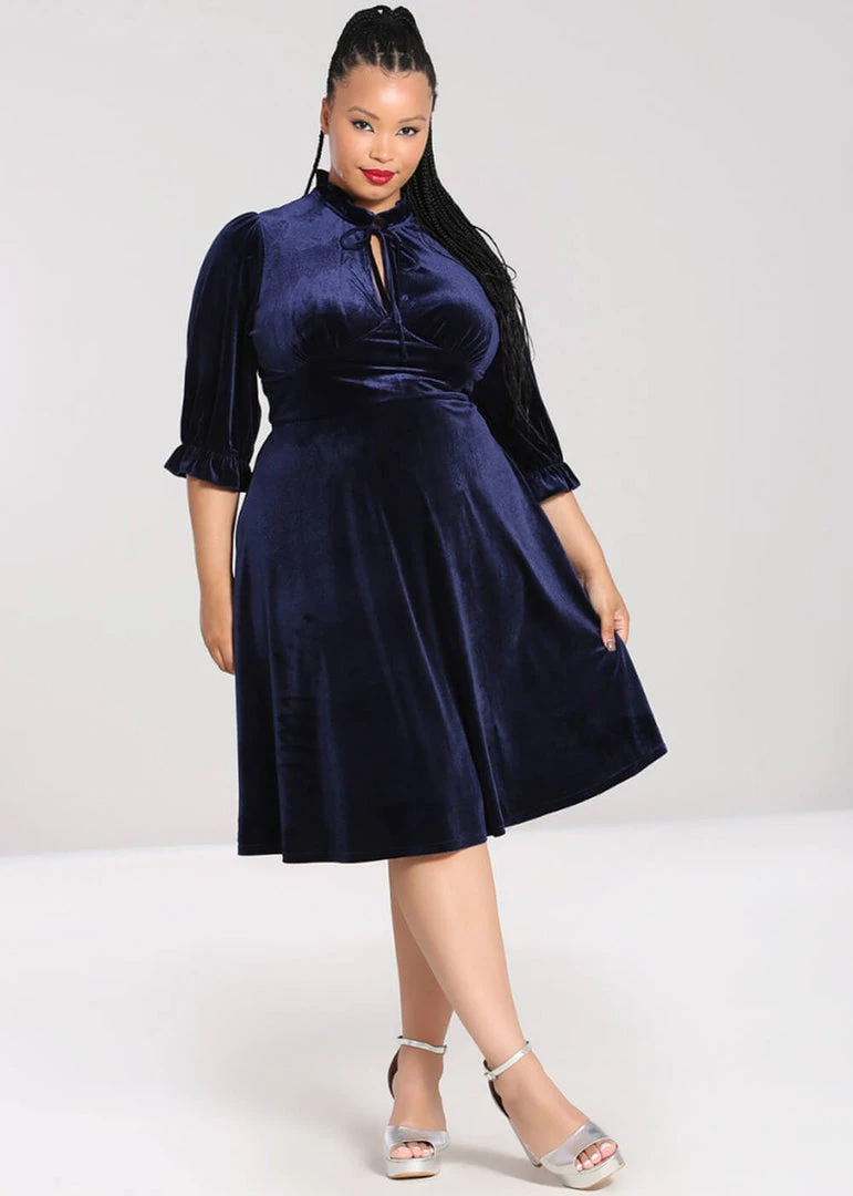 Hell Bunny Orion Velvet 40's Mid Dress Navy Blue