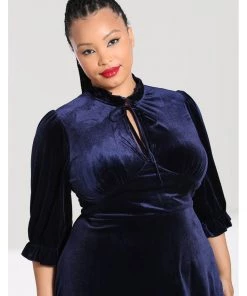 Hell Bunny Orion Velvet 40's Mid Dress Navy Blue