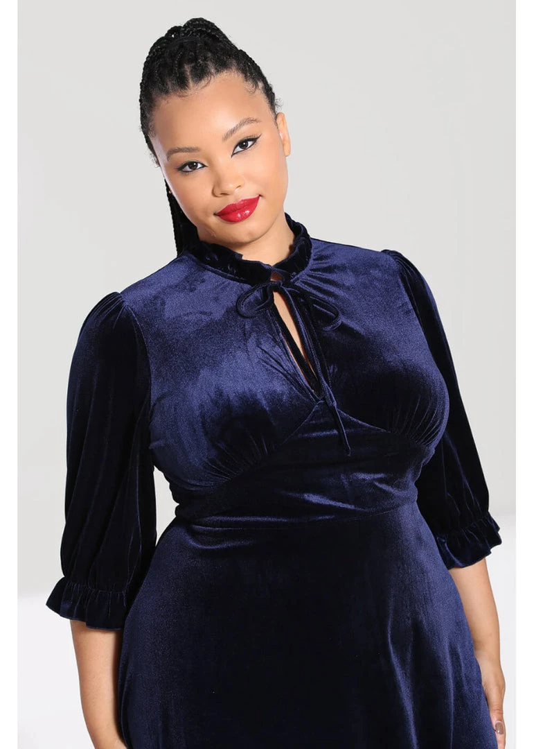 Hell Bunny Orion Velvet 40's Mid Dress Navy Blue