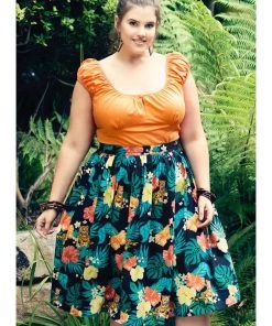 Hell Bunny Bali Jungle 50's Swing Skirt Black New In