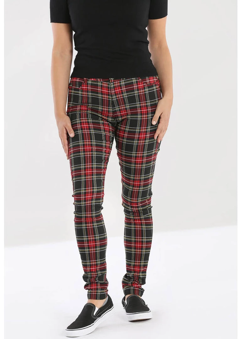 New In Hell Bunny Clash Tartan Skinny Trousers Red