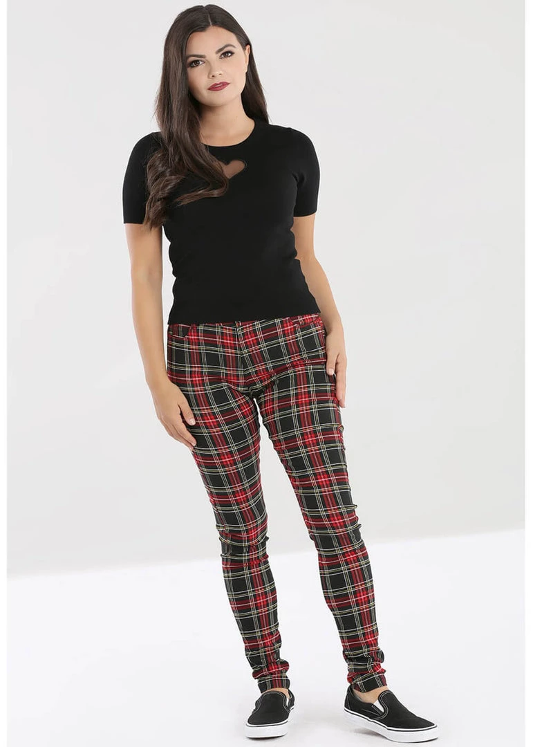 New In Hell Bunny Clash Tartan Skinny Trousers Red