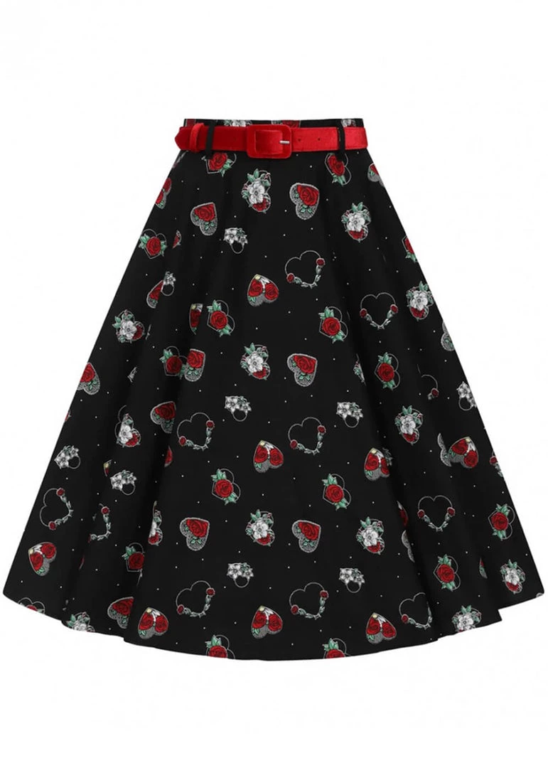 Hell Bunny Petals Hearts 50's Swing Skirt Black