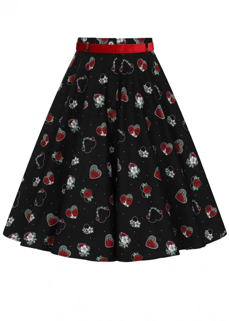 Hell Bunny Petals Hearts 50's Swing Skirt Black