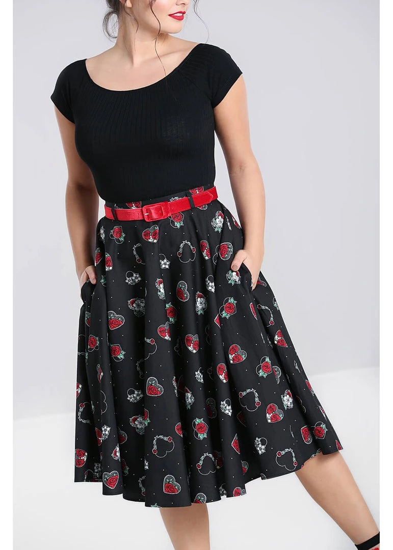 Hell Bunny Petals Hearts 50's Swing Skirt Black