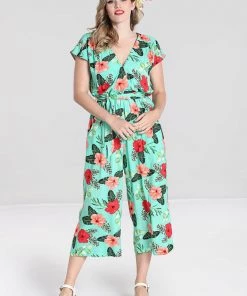 Hell Bunny Moana Hibiscus 70's Jumpsuit Mint Green New In