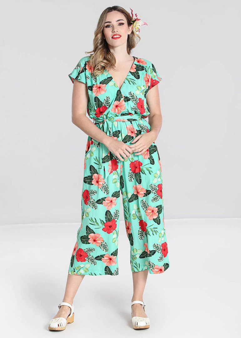 Hell Bunny Moana Hibiscus 70's Jumpsuit Mint Green New In