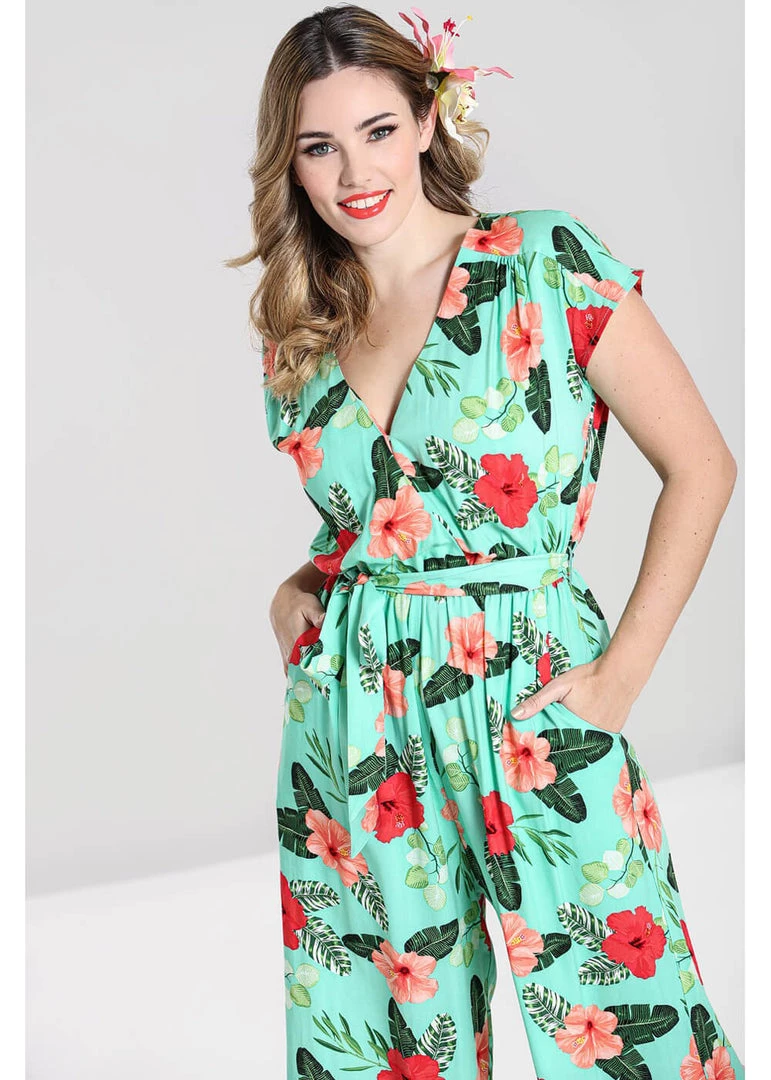 Hell Bunny Moana Hibiscus 70's Jumpsuit Mint Green New In