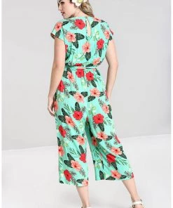 Hell Bunny Moana Hibiscus 70's Jumpsuit Mint Green New In