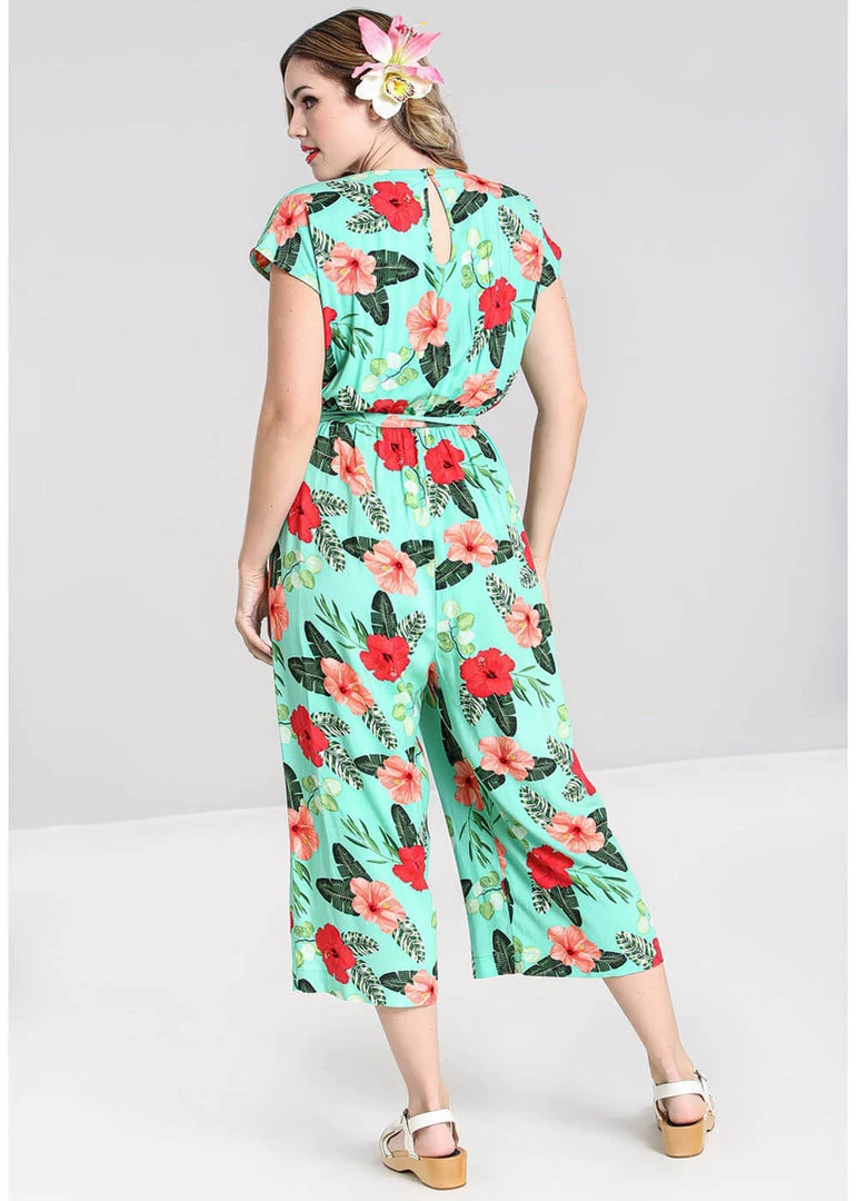 Hell Bunny Moana Hibiscus 70's Jumpsuit Mint Green New In