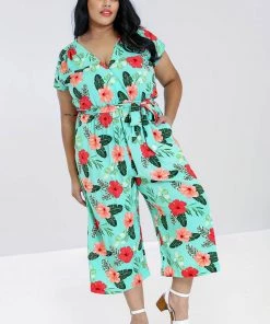 Hell Bunny Moana Hibiscus 70's Jumpsuit Mint Green New In