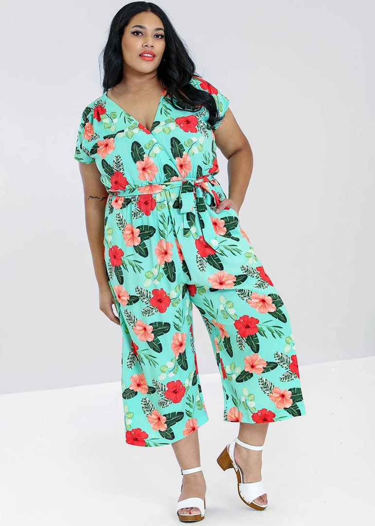 Hell Bunny Moana Hibiscus 70's Jumpsuit Mint Green New In