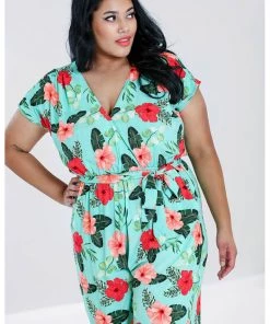 Hell Bunny Moana Hibiscus 70's Jumpsuit Mint Green New In