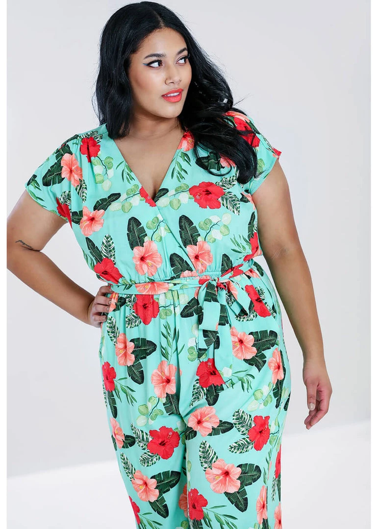 Hell Bunny Moana Hibiscus 70's Jumpsuit Mint Green New In