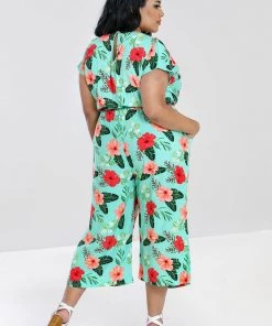 Hell Bunny Moana Hibiscus 70's Jumpsuit Mint Green New In