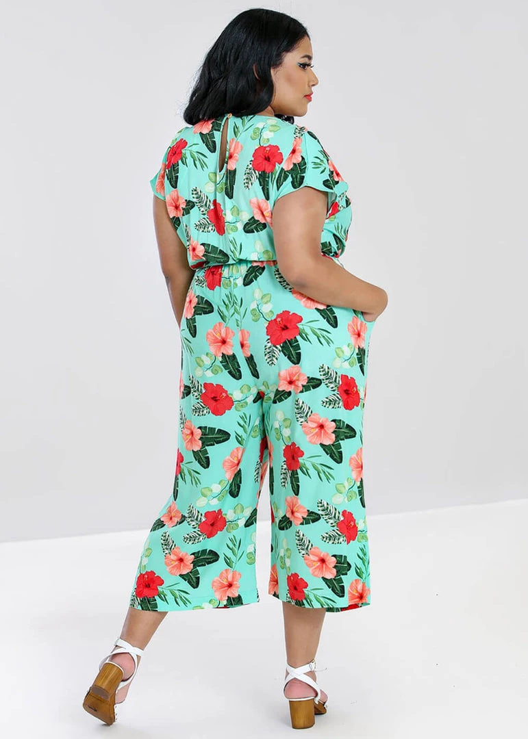 Hell Bunny Moana Hibiscus 70's Jumpsuit Mint Green New In